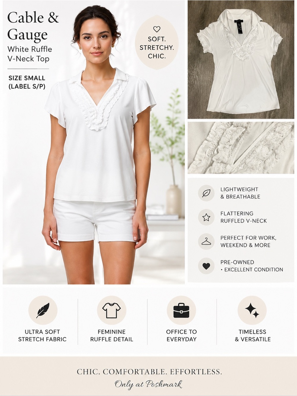 Cable & Gauge White Ruffle Collar Top Short Sleeve Stretch Blouse Size Small